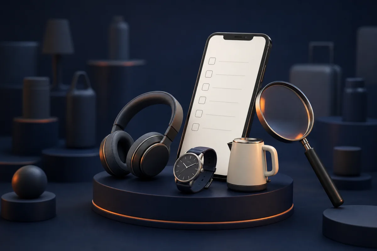 A carefully shortlisted group of products beside a phone and magnifying glass